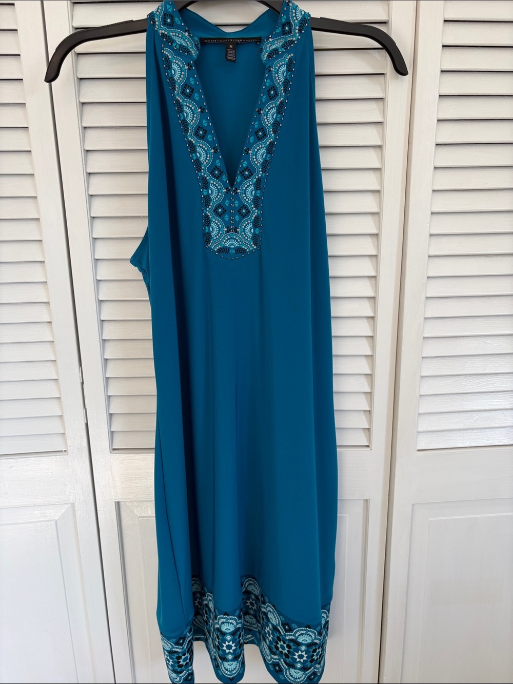 White House Black Market Women’s Med  Sleeveless Dress Midi Teal Stretchy Beaded